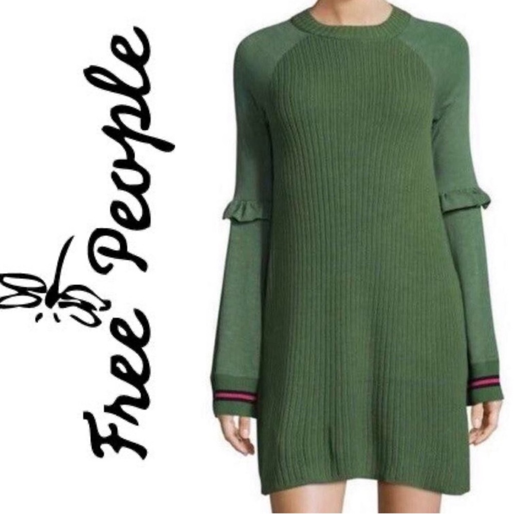 NWT FREE PEOPLE GREEN KNITTED RUFFLE SLEEVE DRESS SIZE XS